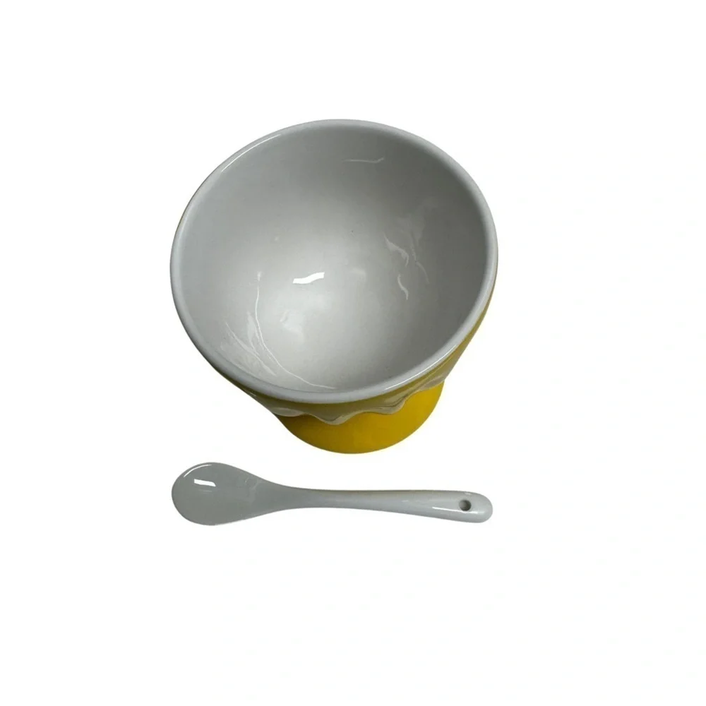 Pier 1 Imports One Ice Cream Bowl Yellow Stoneware With Spoon New In Box